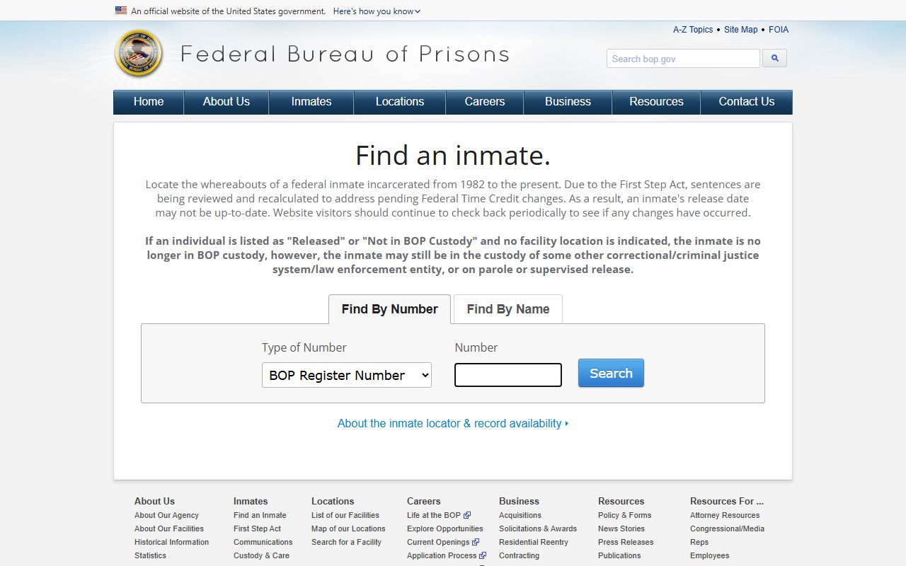 Federal Bureau of Prisons inmate locator landing page