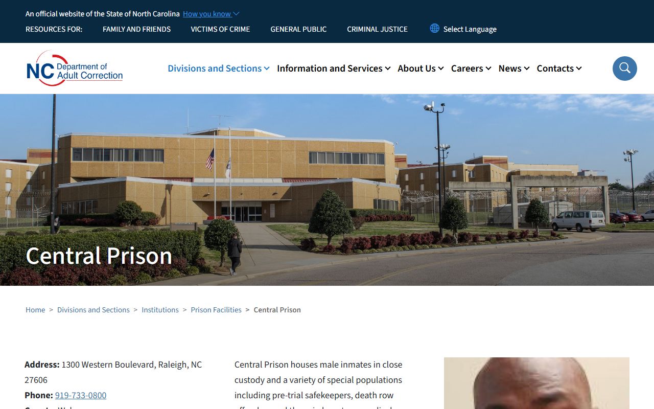 Central Prison NC DAC inmate lookup and facility record in Wake County