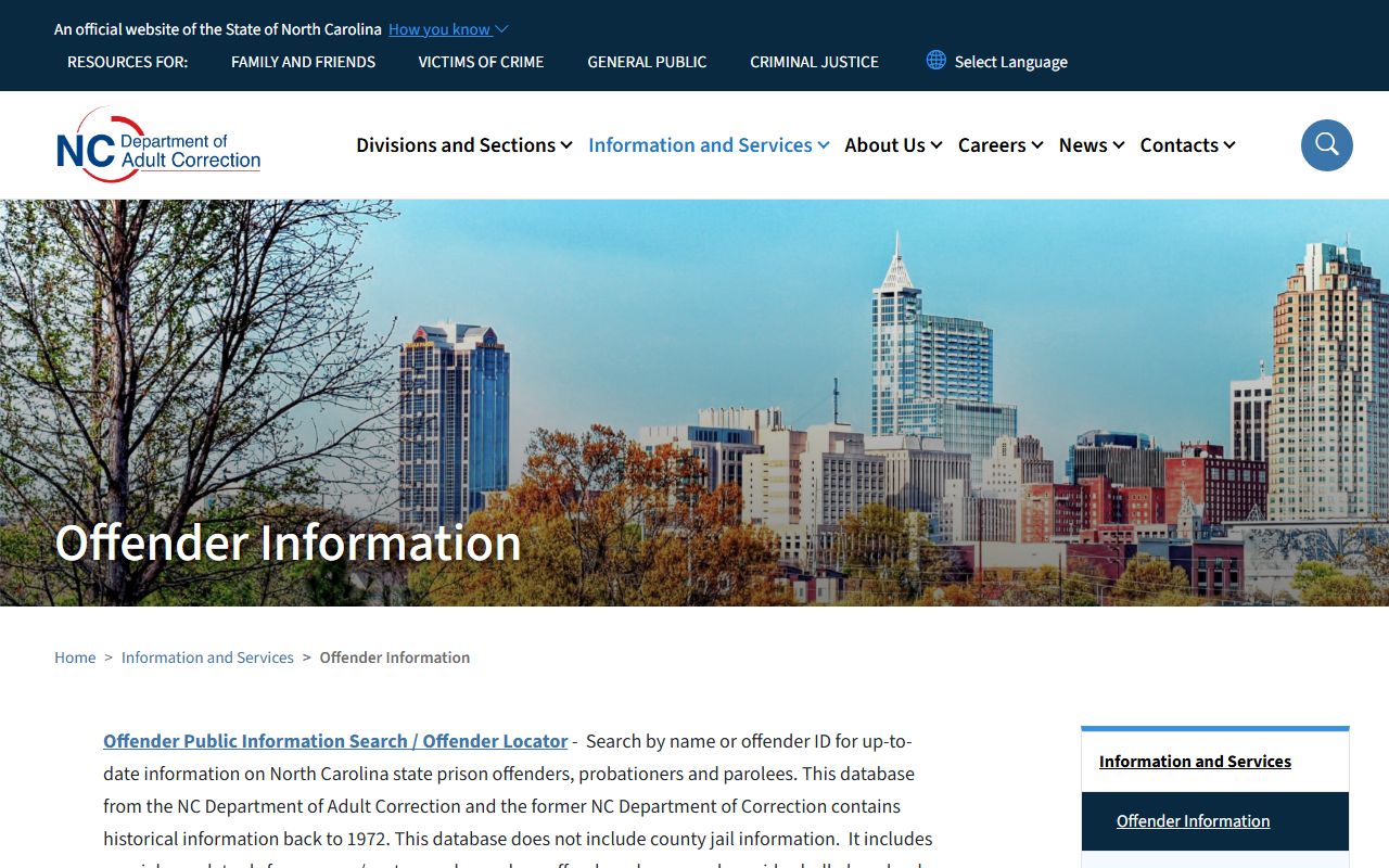 NC DAC offender search landing page for state prison records