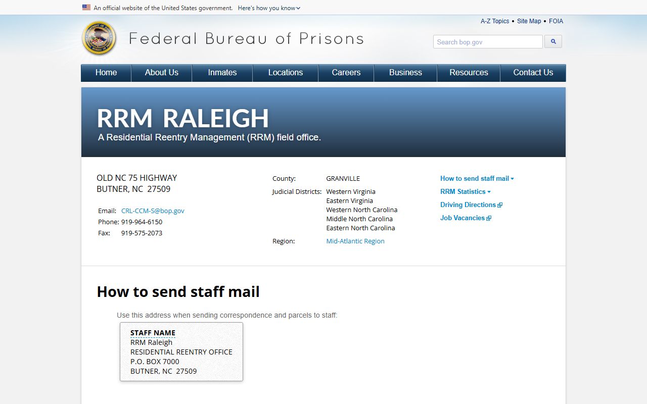 BOP Residential Reentry Management Raleigh official page