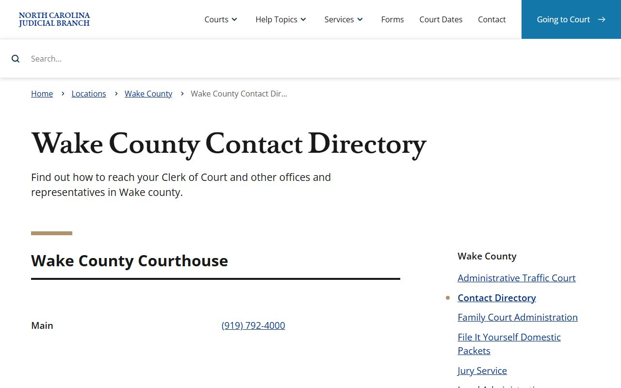 NC Judicial Branch Wake County court contact directory