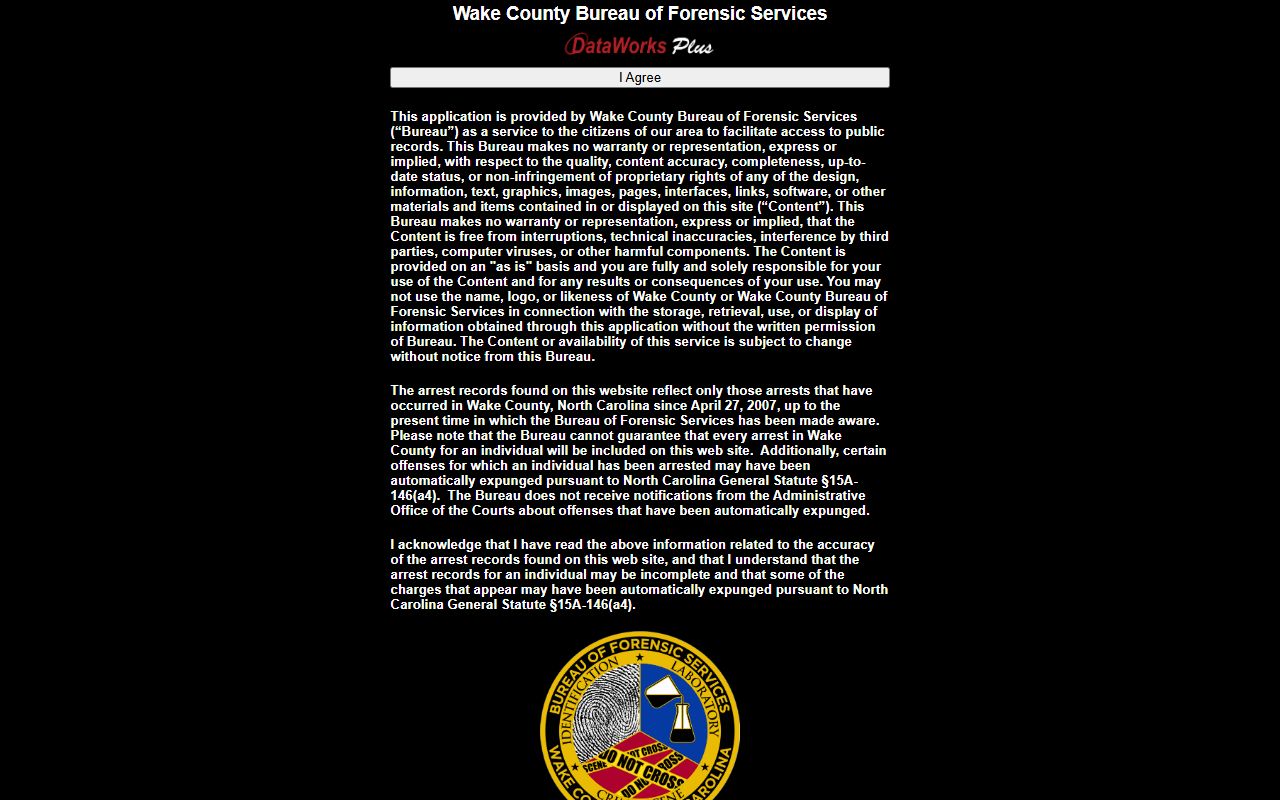 Wake County Bureau of Forensic Services mugshot search disclaimer