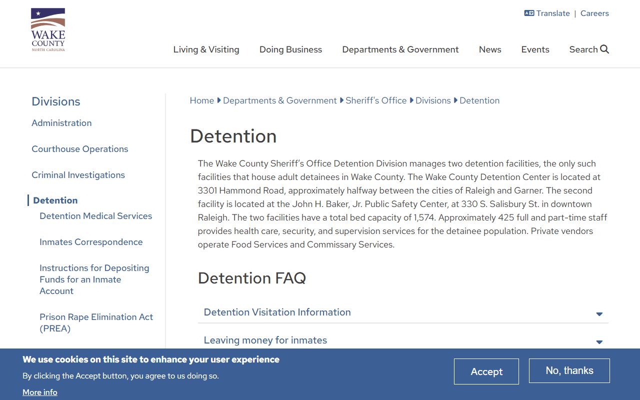 Wake County Detention Division page with facility and visitation information