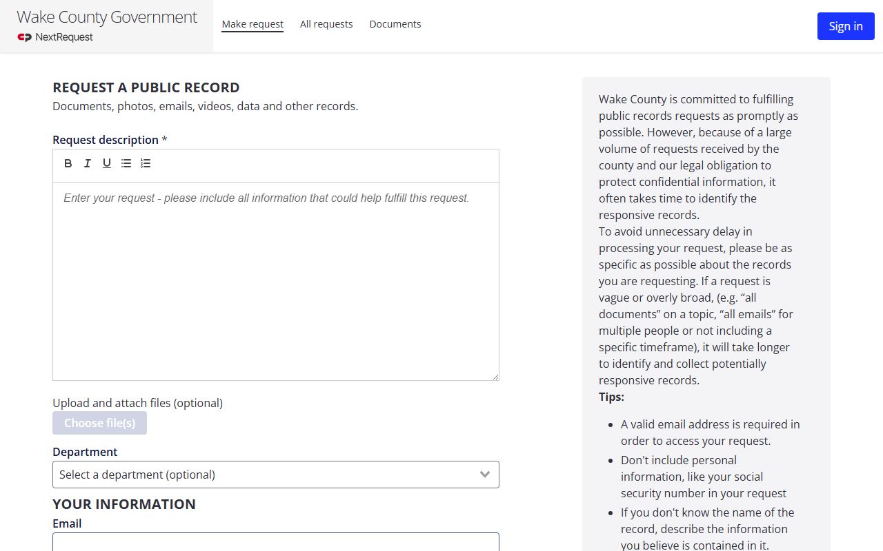 Wake County NextRequest new public records request form