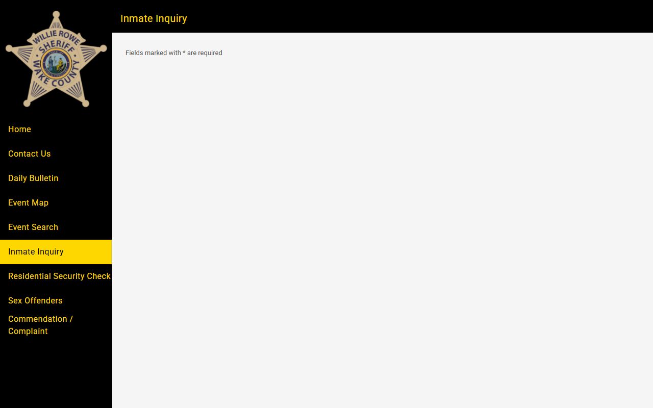 Wake County Police-to-Citizen Inmate Inquiry search screen